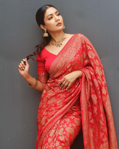 Quintessential Red Pure Soft Kanjivaram Silk Saree With Magnific Blouse Piece - Almaari Fashion