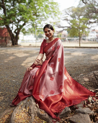 Radish Tomato Pure Kanjivaram Silk Saree With Attractive Blouse Piece - Almaari Fashion