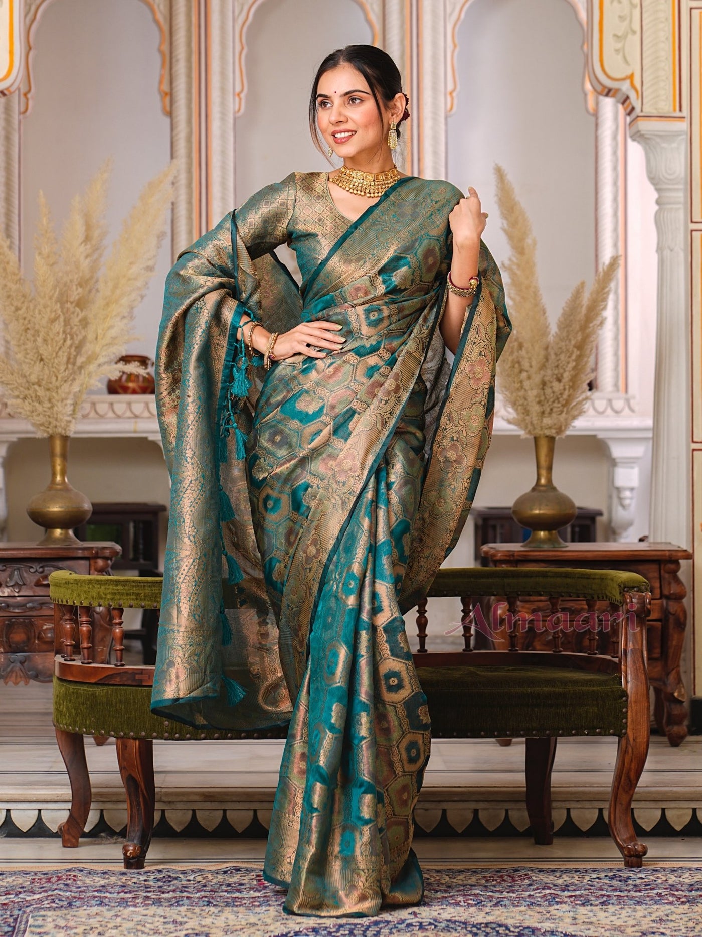 Rama Color Pure Organza Saree Adorned with Zari Weaving, Complete with Matching Blouse Piece - Almaari Fashion