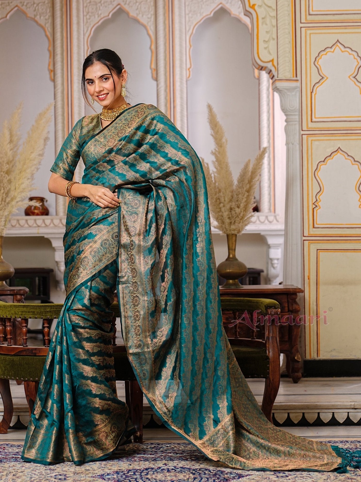 Rama Color Pure Organza Saree Adorned with Zari Weaving, Complete with Matching Blouse Piece - Almaari Fashion