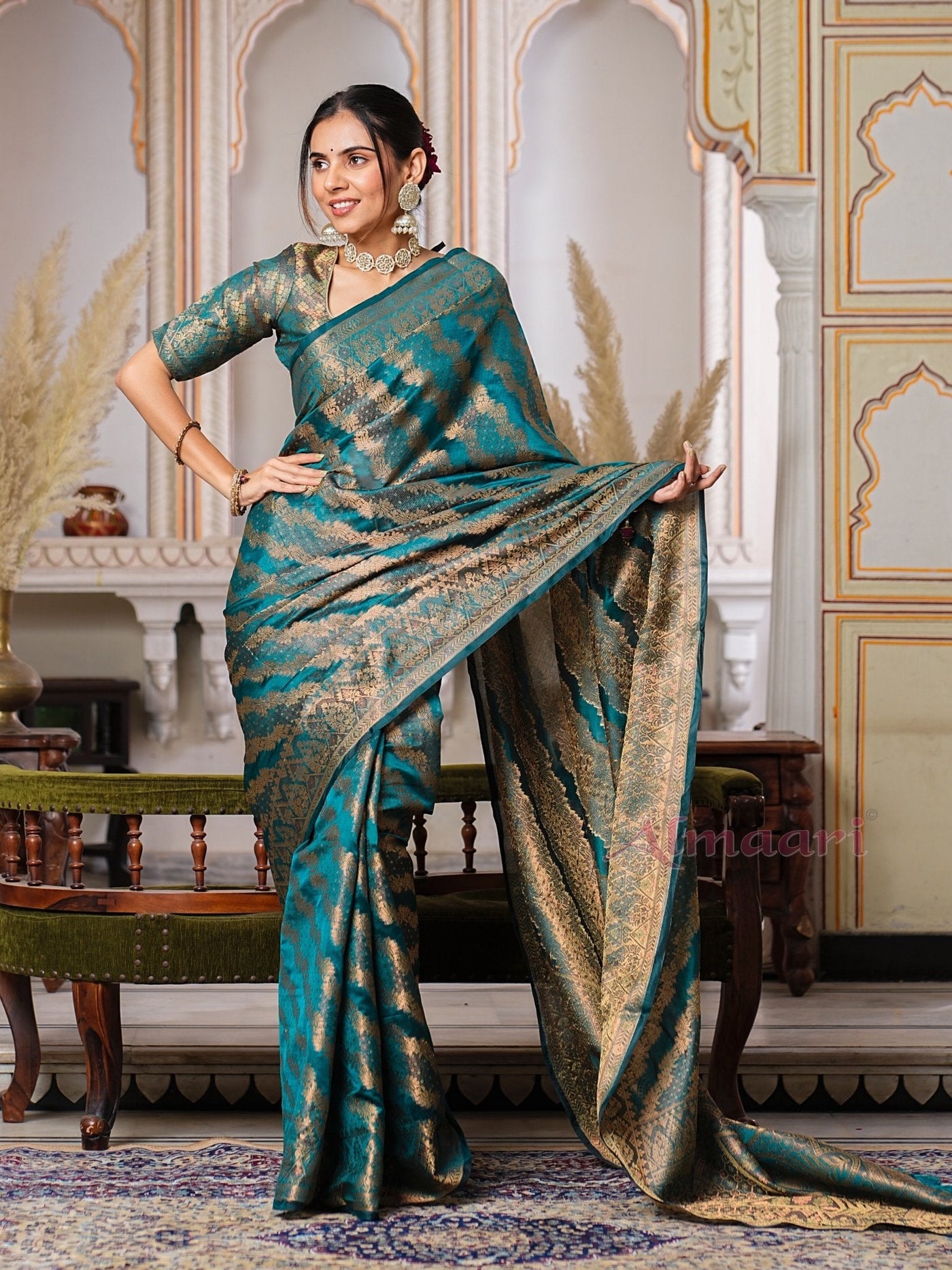 Rama Color Pure Organza Saree Adorned with Zari Weaving, Complete with Matching Blouse Piece - Almaari Fashion