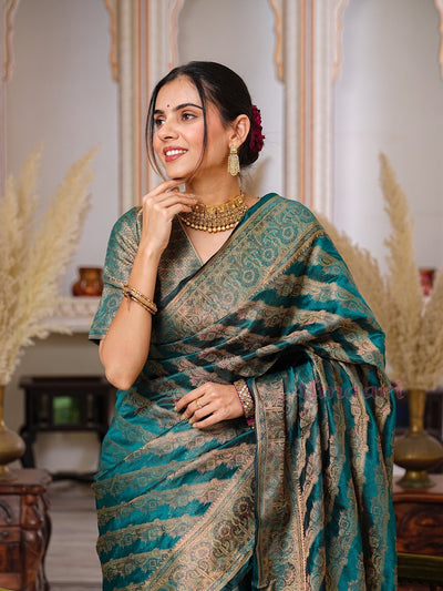 Rama Color Pure Organza Saree Adorned with Zari Weaving, Complete with Matching Blouse Piece - Almaari Fashion