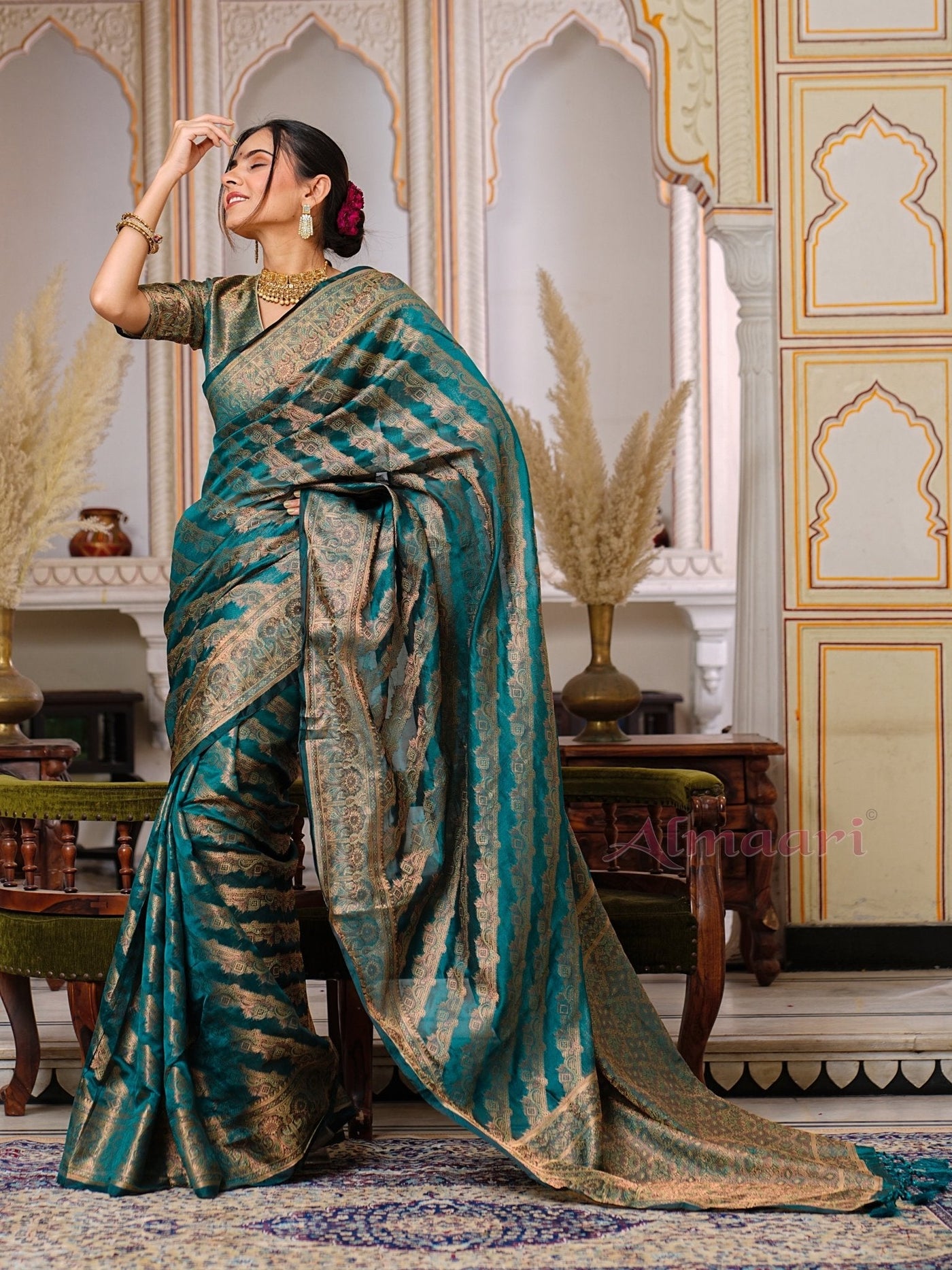 Rama Color Pure Organza Saree Adorned with Zari Weaving, Complete with Matching Blouse Piece - Almaari Fashion