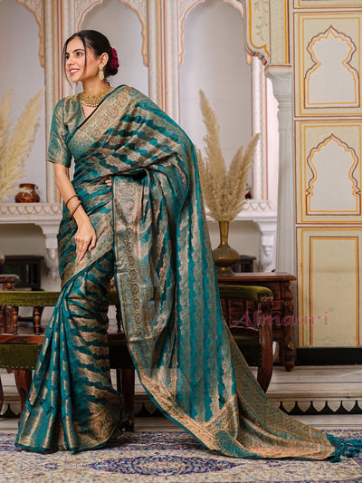 Rama Color Pure Organza Saree Adorned with Zari Weaving, Complete with Matching Blouse Piece - Almaari Fashion