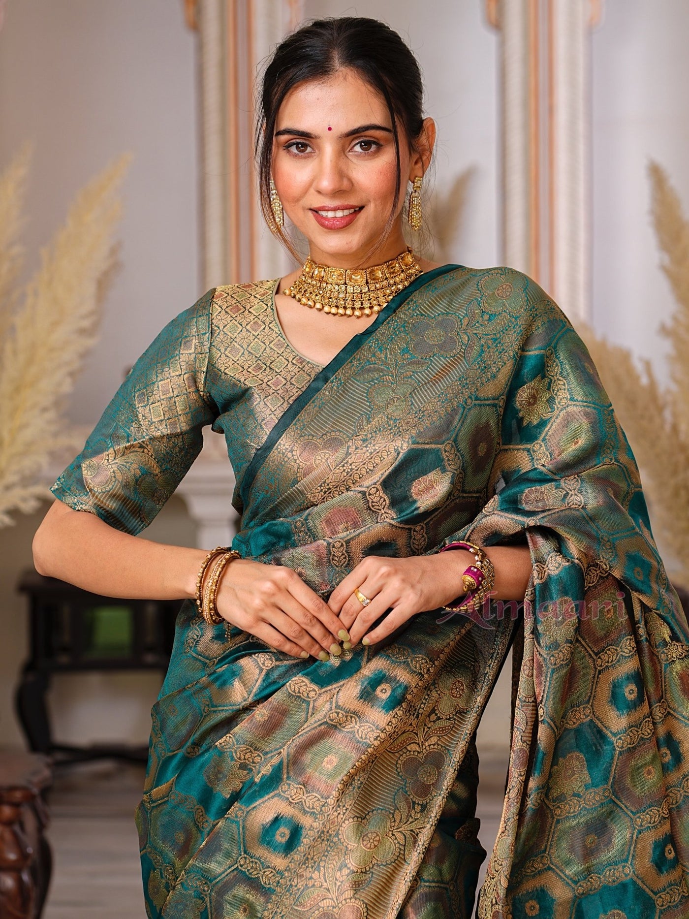 Rama Color Pure Organza Saree Adorned with Zari Weaving, Complete with Matching Blouse Piece - Almaari Fashion