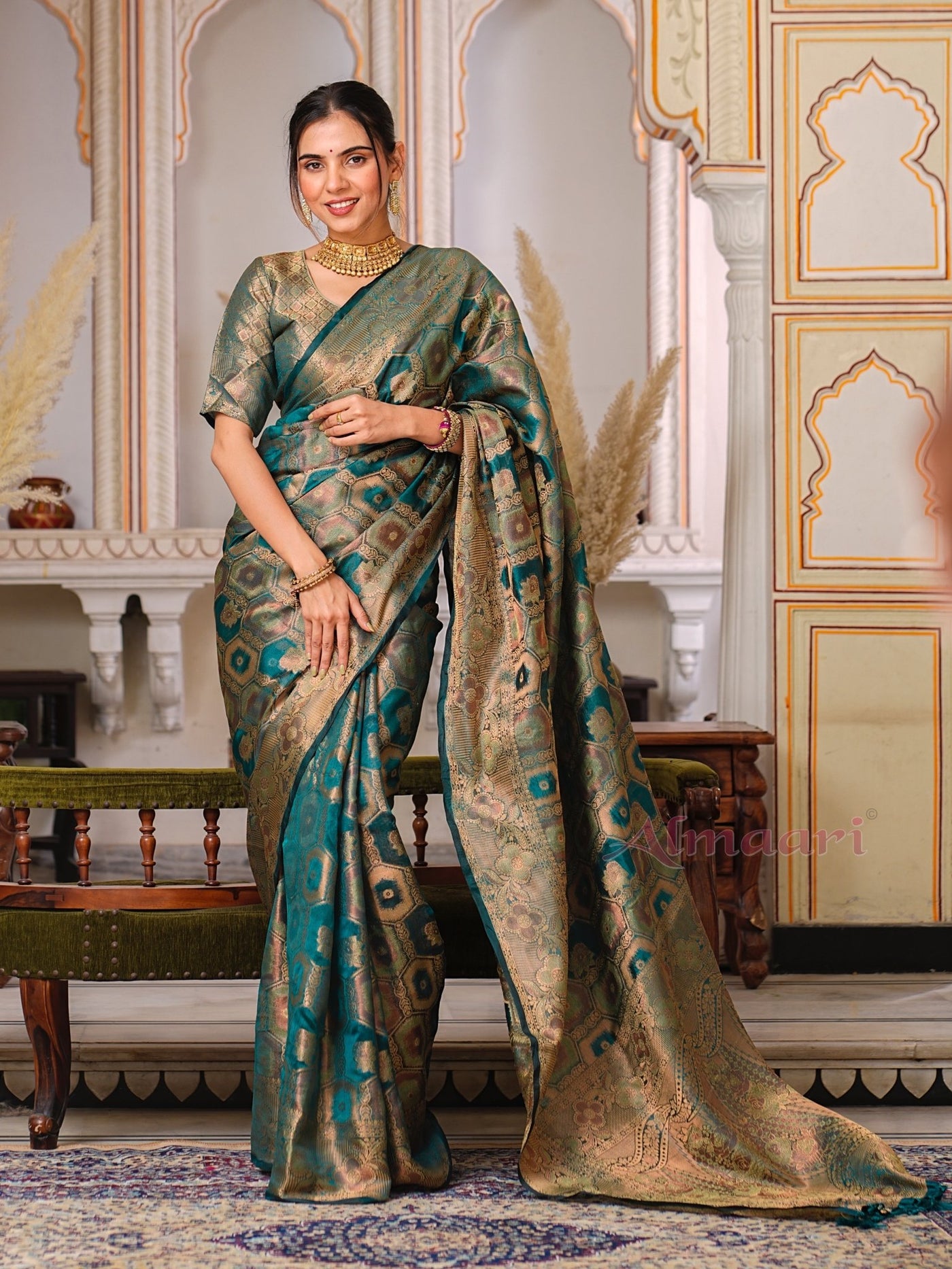 Rama Color Pure Organza Saree Adorned with Zari Weaving, Complete with Matching Blouse Piece - Almaari Fashion