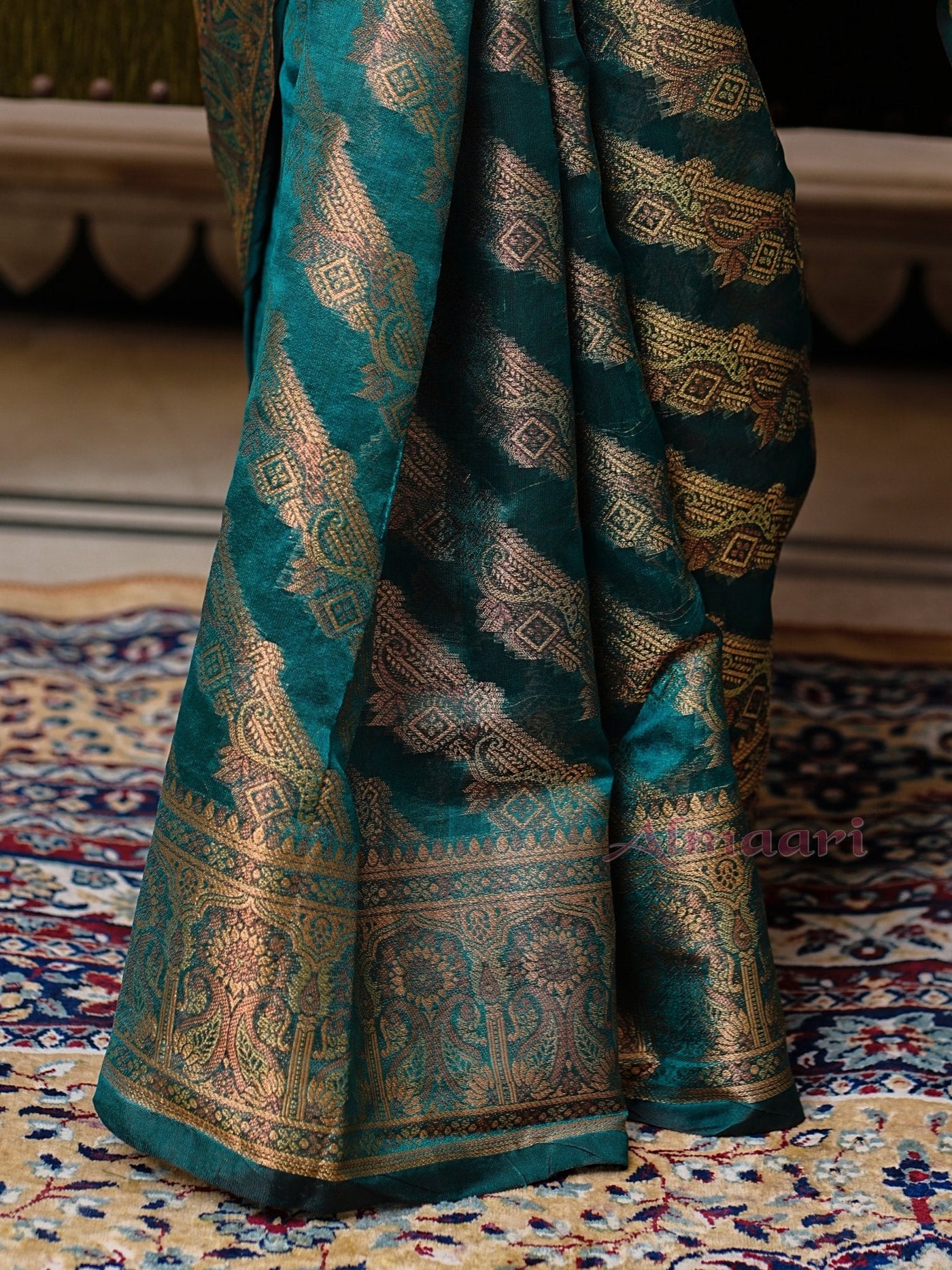 Rama Color Pure Organza Saree Adorned with Zari Weaving, Complete with Matching Blouse Piece - Almaari Fashion