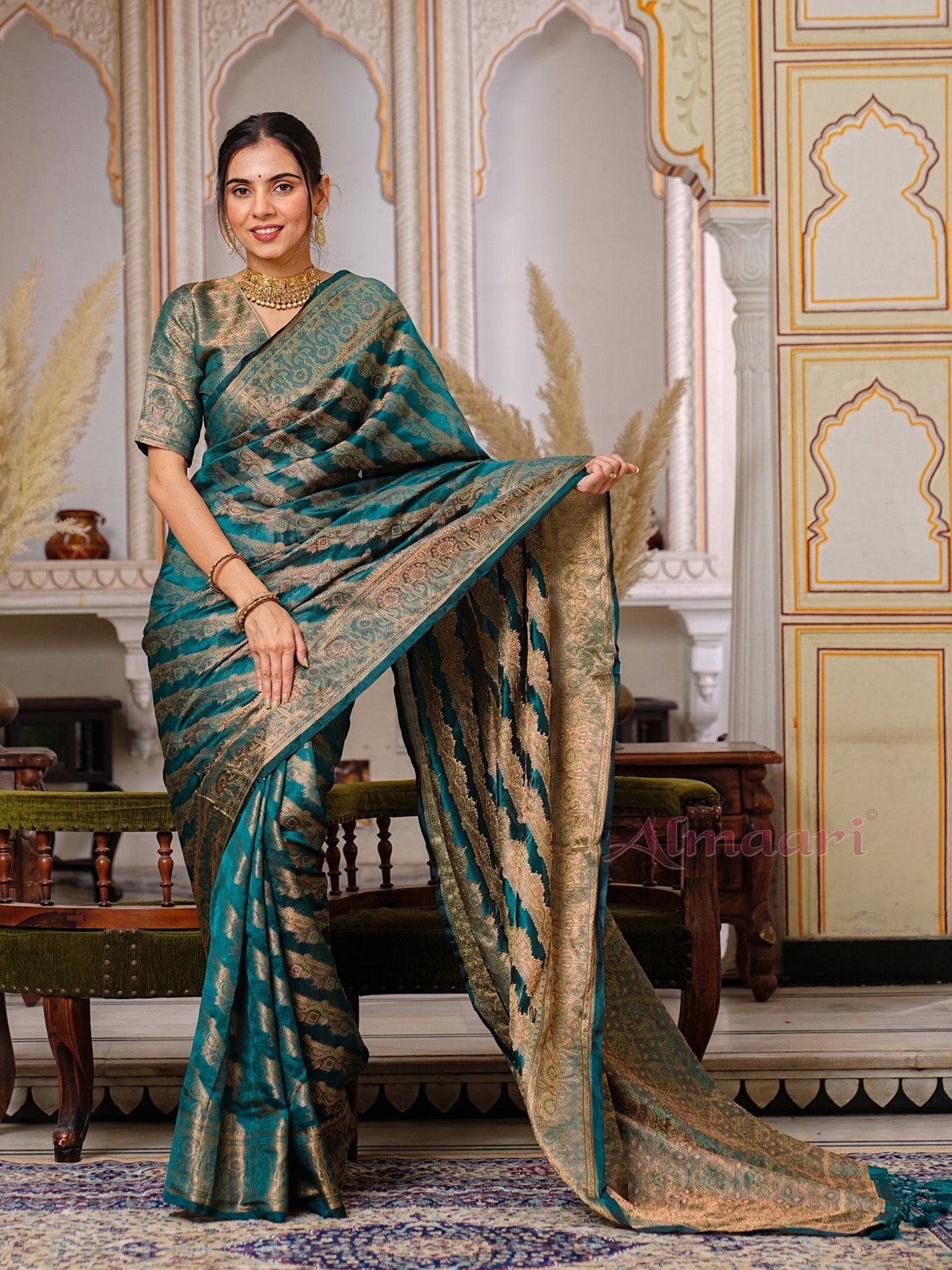 Rama Color Pure Organza Saree Adorned with Zari Weaving, Complete with Matching Blouse Piece - Almaari Fashion