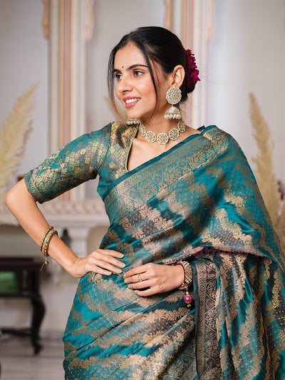 Rama Color Pure Organza Saree Adorned with Zari Weaving, Complete with Matching Blouse Piece - Almaari Fashion