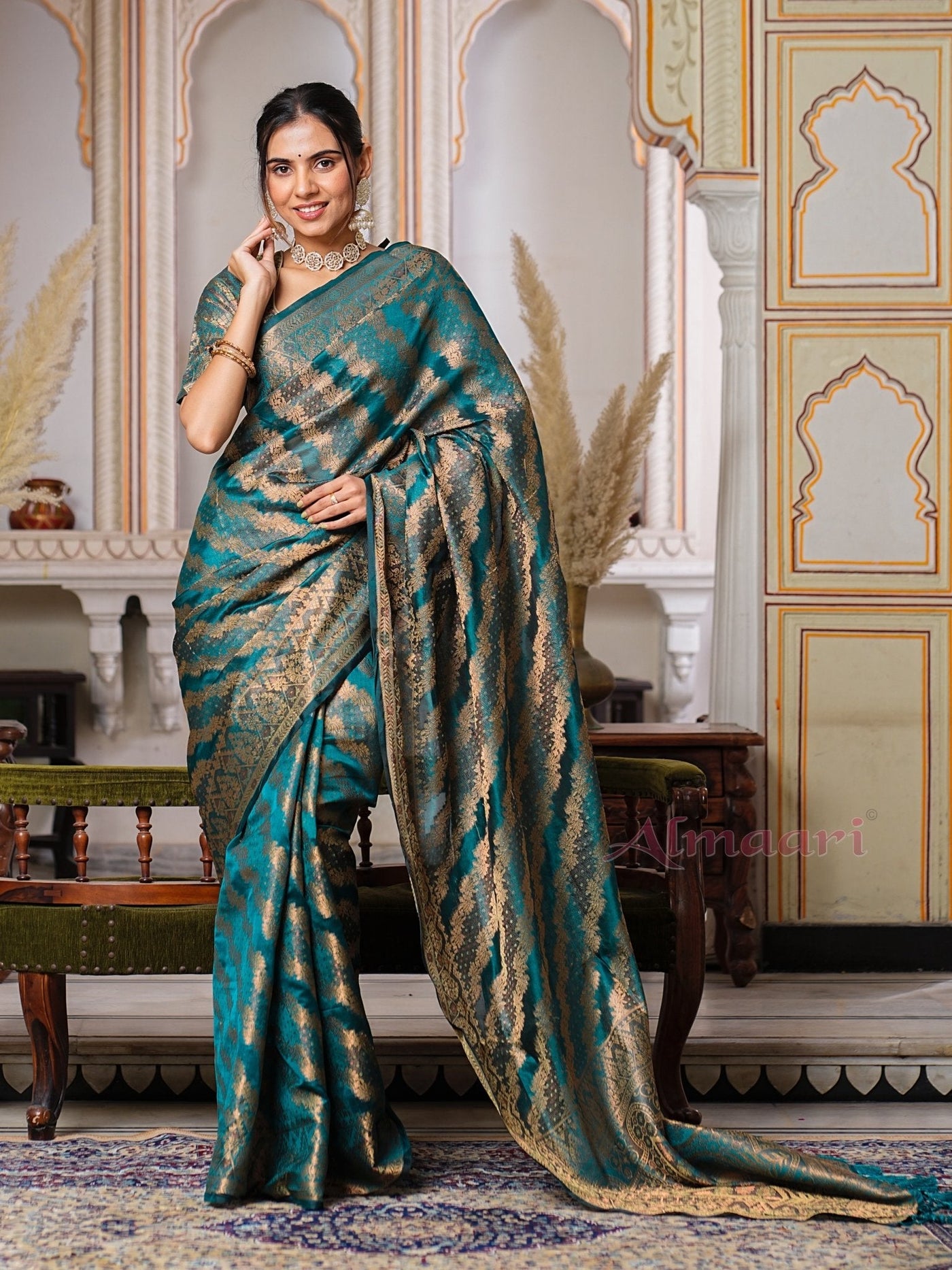 Rama Color Pure Organza Saree Adorned with Zari Weaving, Complete with Matching Blouse Piece - Almaari Fashion