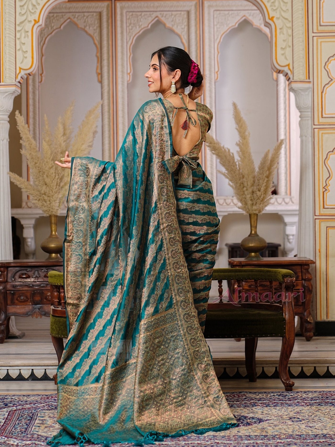 Rama Color Pure Organza Saree Adorned with Zari Weaving, Complete with Matching Blouse Piece - Almaari Fashion