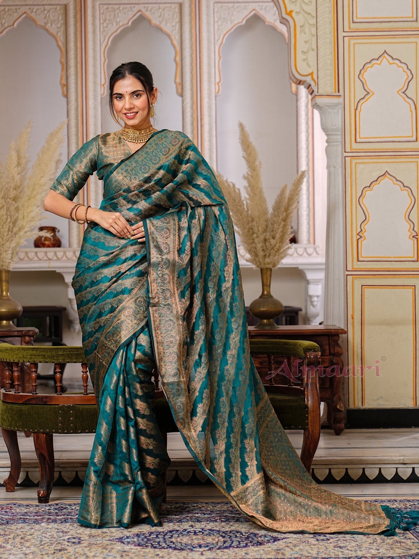 Rama Color Pure Organza Saree Adorned with Zari Weaving, Complete with Matching Blouse Piece - Almaari Fashion