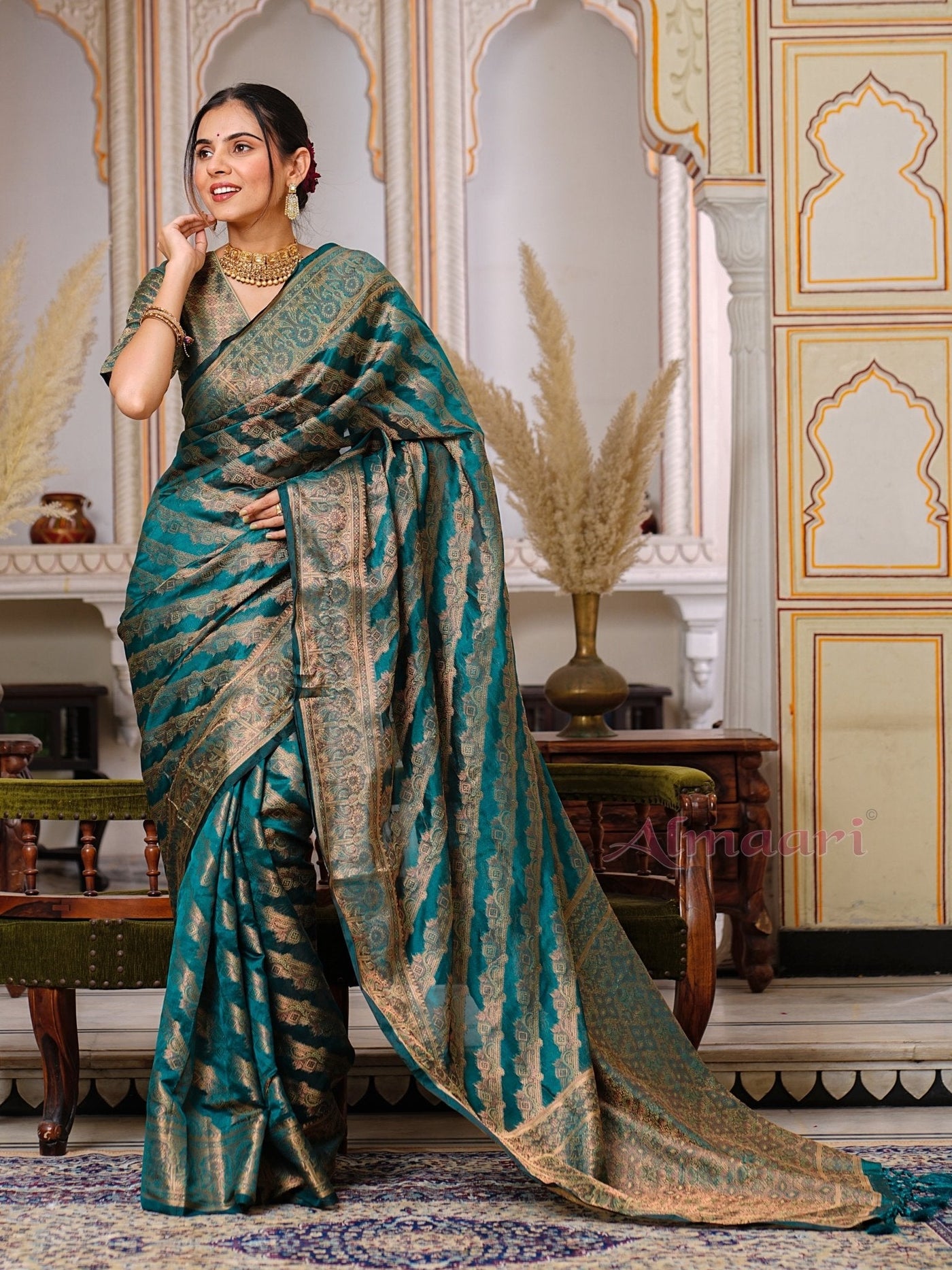 Rama Color Pure Organza Saree Adorned with Zari Weaving, Complete with Matching Blouse Piece - Almaari Fashion