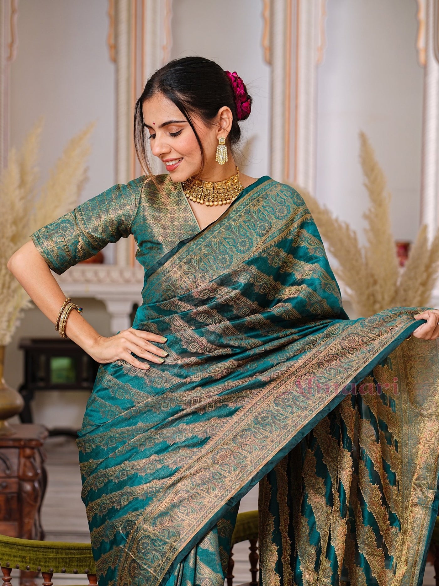 Rama Color Pure Organza Saree Adorned with Zari Weaving, Complete with Matching Blouse Piece - Almaari Fashion