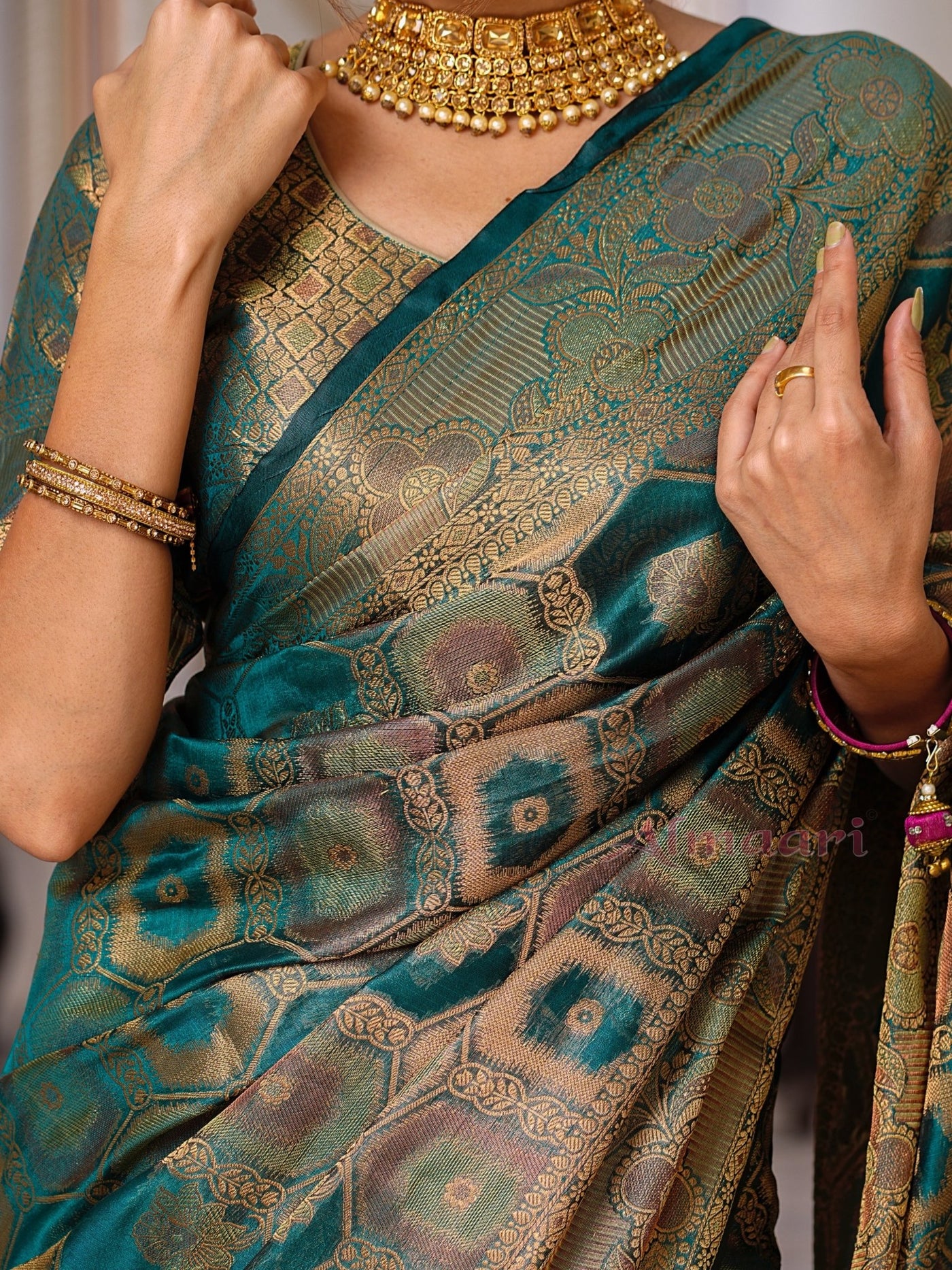 Rama Color Pure Organza Saree Adorned with Zari Weaving, Complete with Matching Blouse Piece - Almaari Fashion