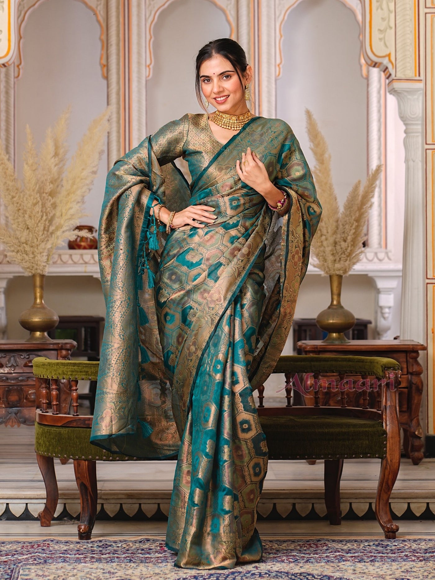 Rama Color Pure Organza Saree Adorned with Zari Weaving, Complete with Matching Blouse Piece - Almaari Fashion