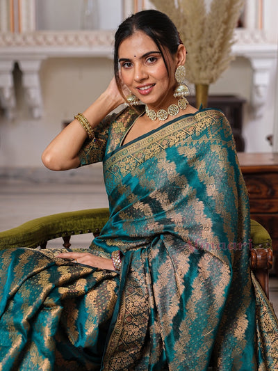 Rama Color Pure Organza Saree Adorned with Zari Weaving, Complete with Matching Blouse Piece - Almaari Fashion