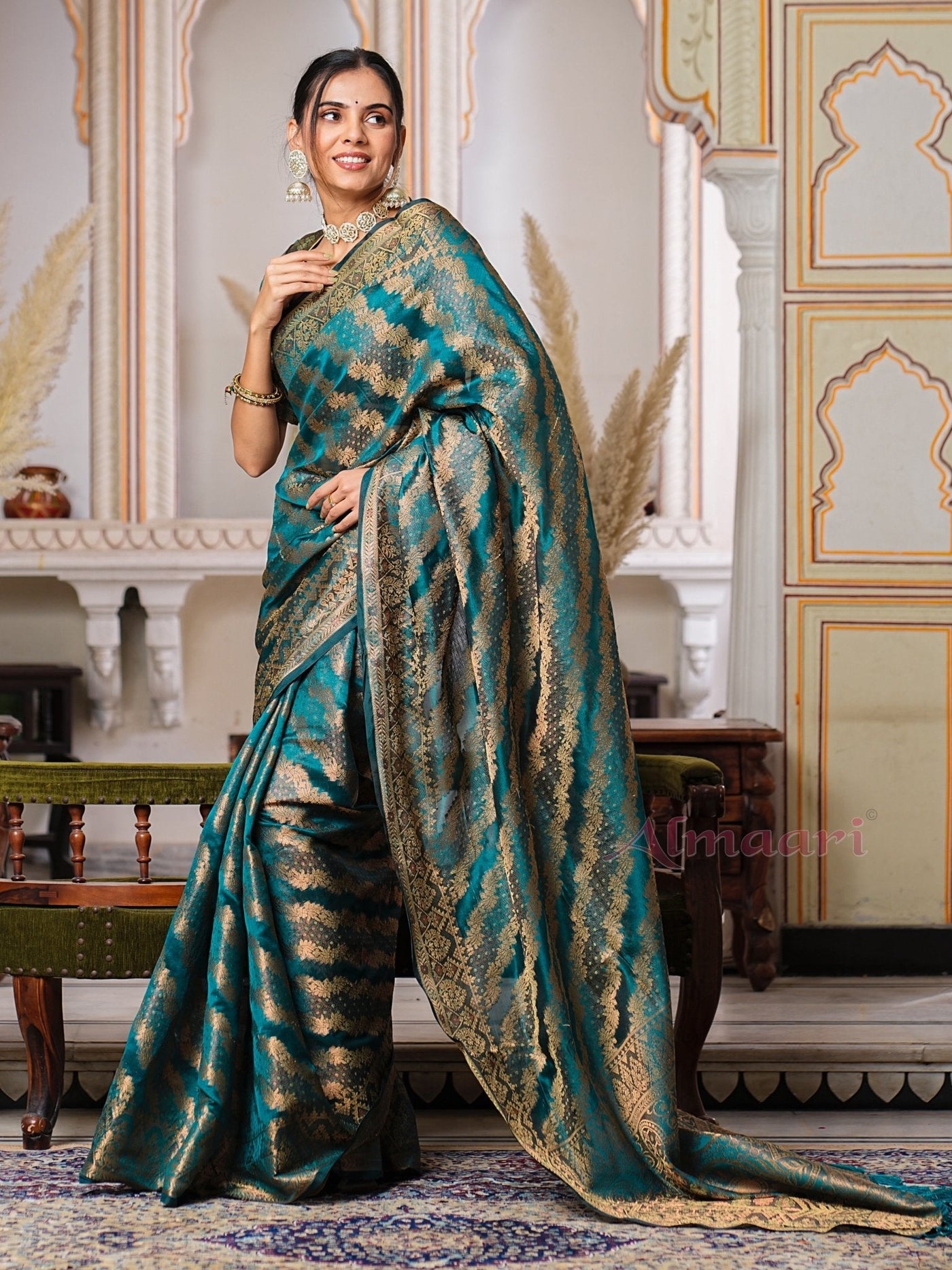 Rama Color Pure Organza Saree Adorned with Zari Weaving, Complete with Matching Blouse Piece - Almaari Fashion