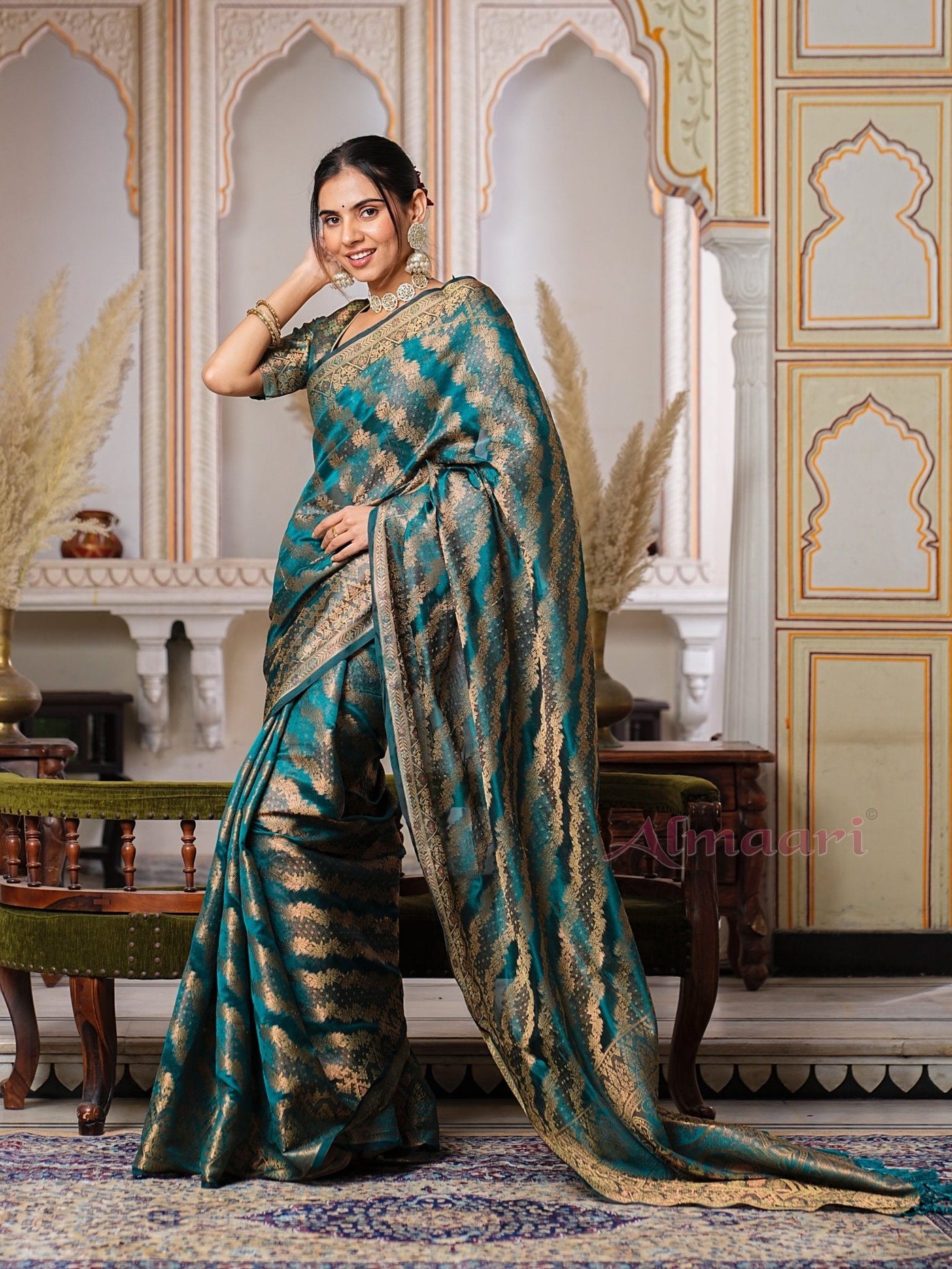 Rama Color Pure Organza Saree Adorned with Zari Weaving, Complete with Matching Blouse Piece - Almaari Fashion