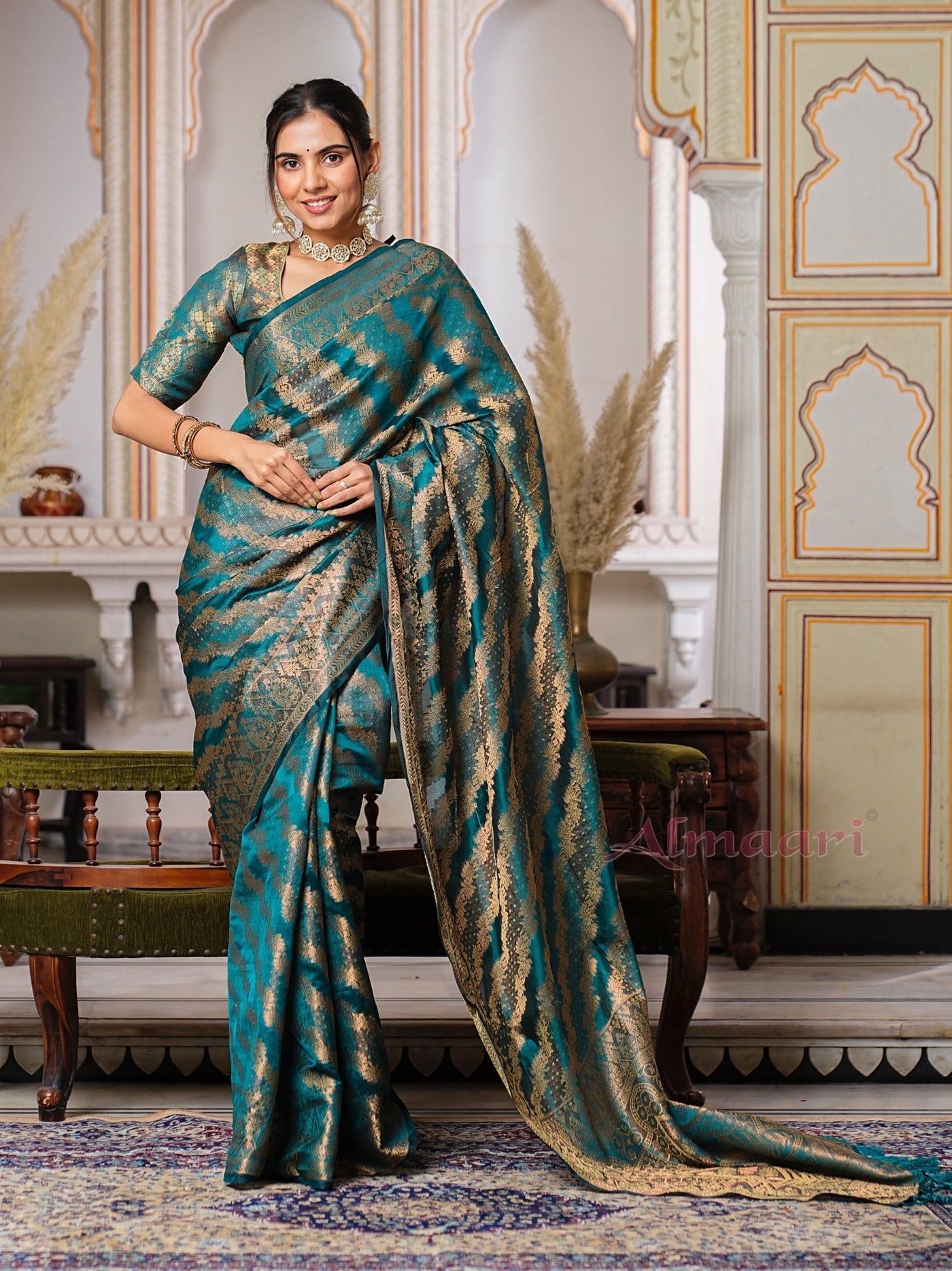 Rama Color Pure Organza Saree Adorned with Zari Weaving, Complete with Matching Blouse Piece - Almaari Fashion