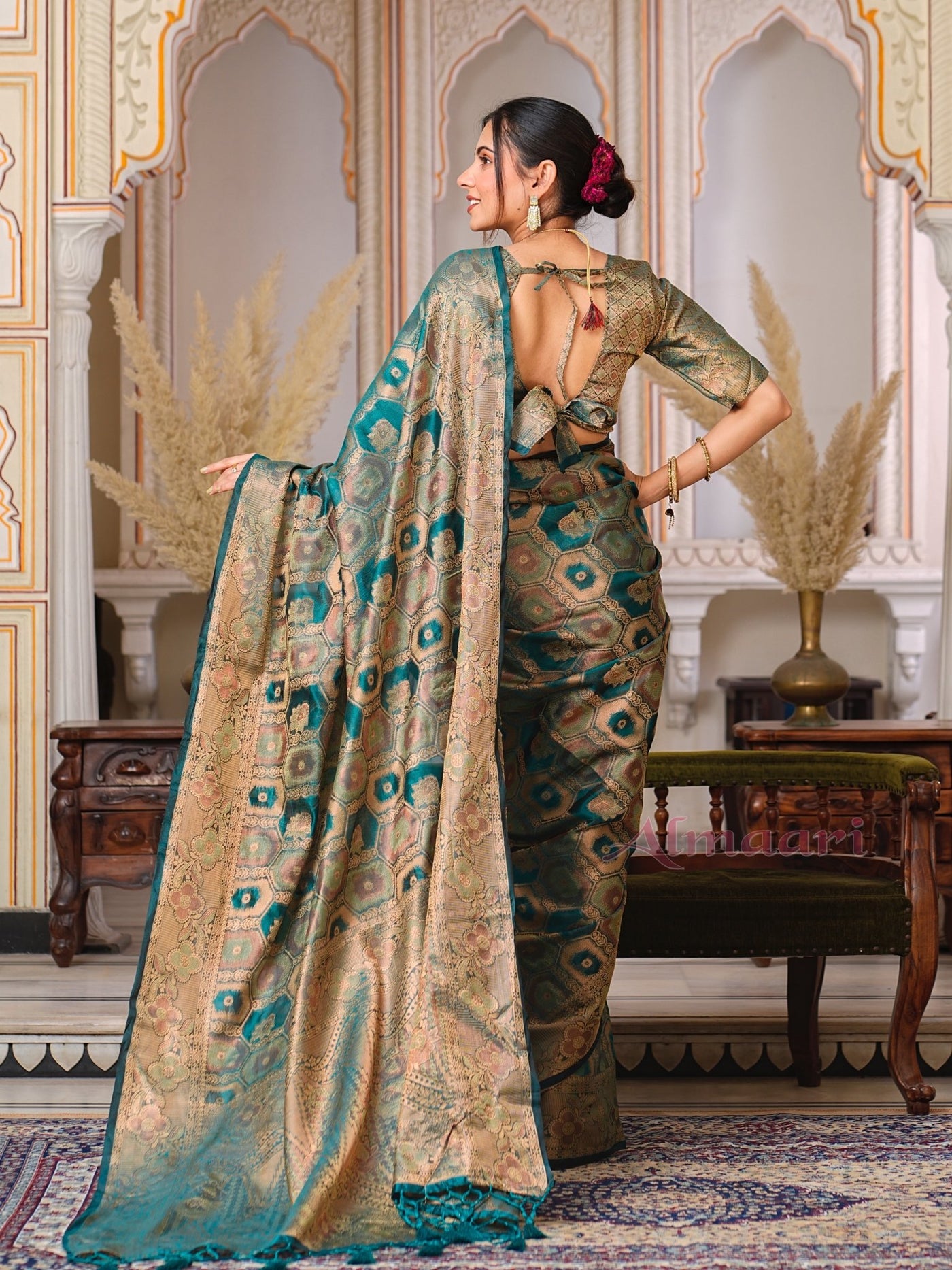 Rama Color Pure Organza Saree Adorned with Zari Weaving, Complete with Matching Blouse Piece - Almaari Fashion