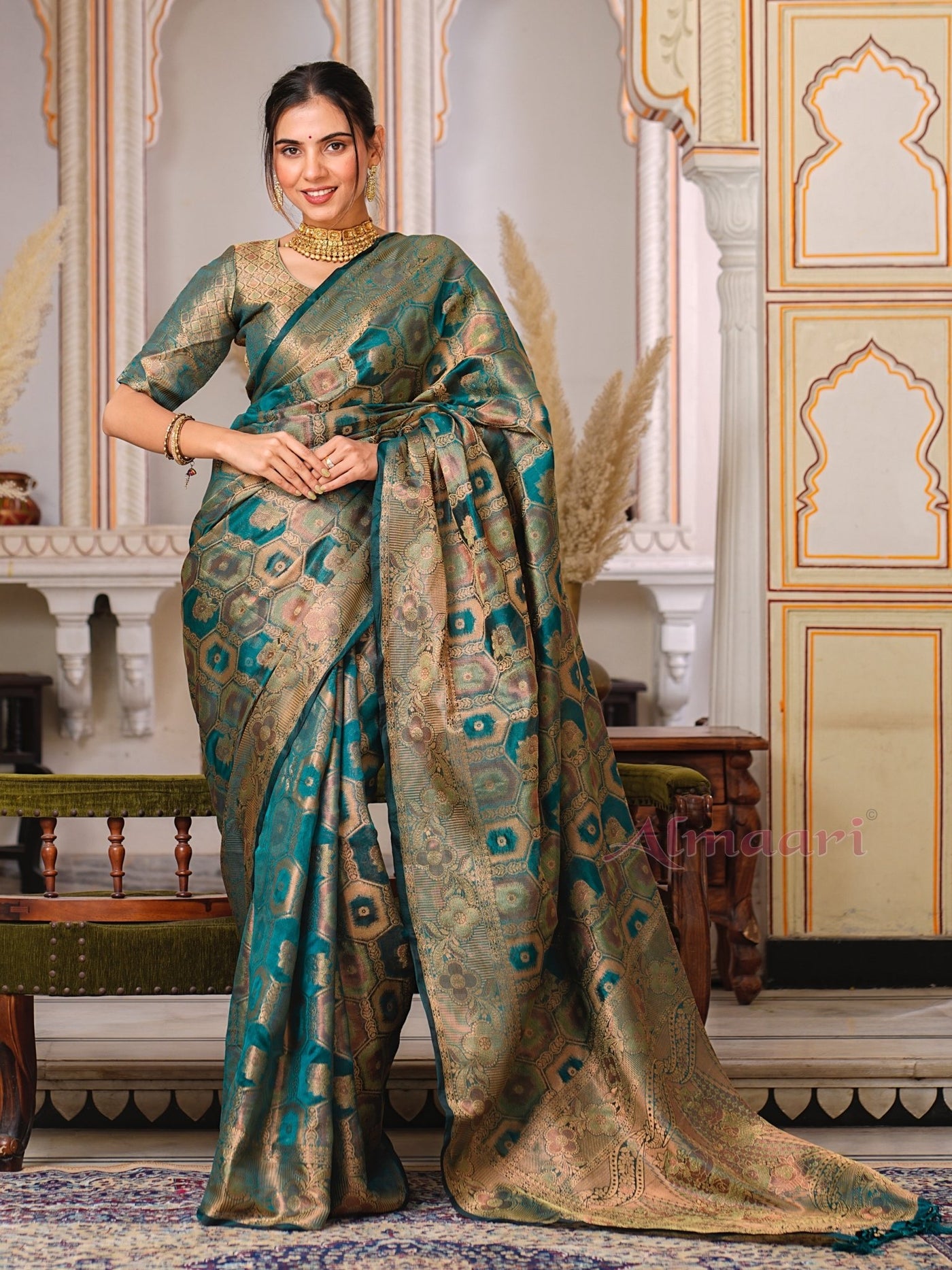 Rama Color Pure Organza Saree Adorned with Zari Weaving, Complete with Matching Blouse Piece - Almaari Fashion