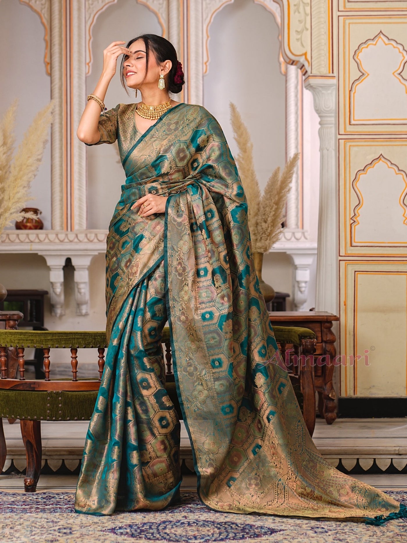 Rama Color Pure Organza Saree Adorned with Zari Weaving, Complete with Matching Blouse Piece - Almaari Fashion