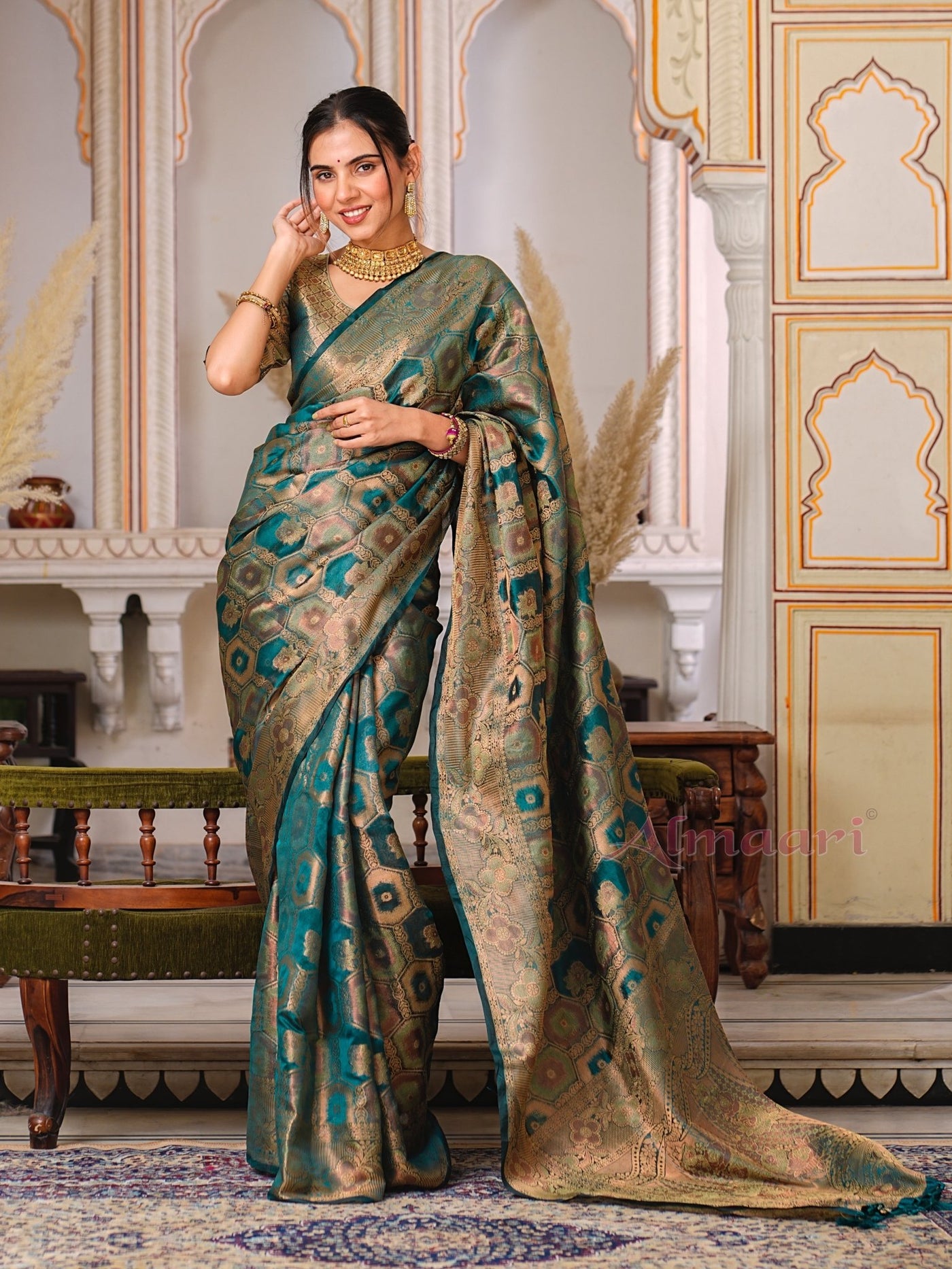 Rama Color Pure Organza Saree Adorned with Zari Weaving, Complete with Matching Blouse Piece - Almaari Fashion