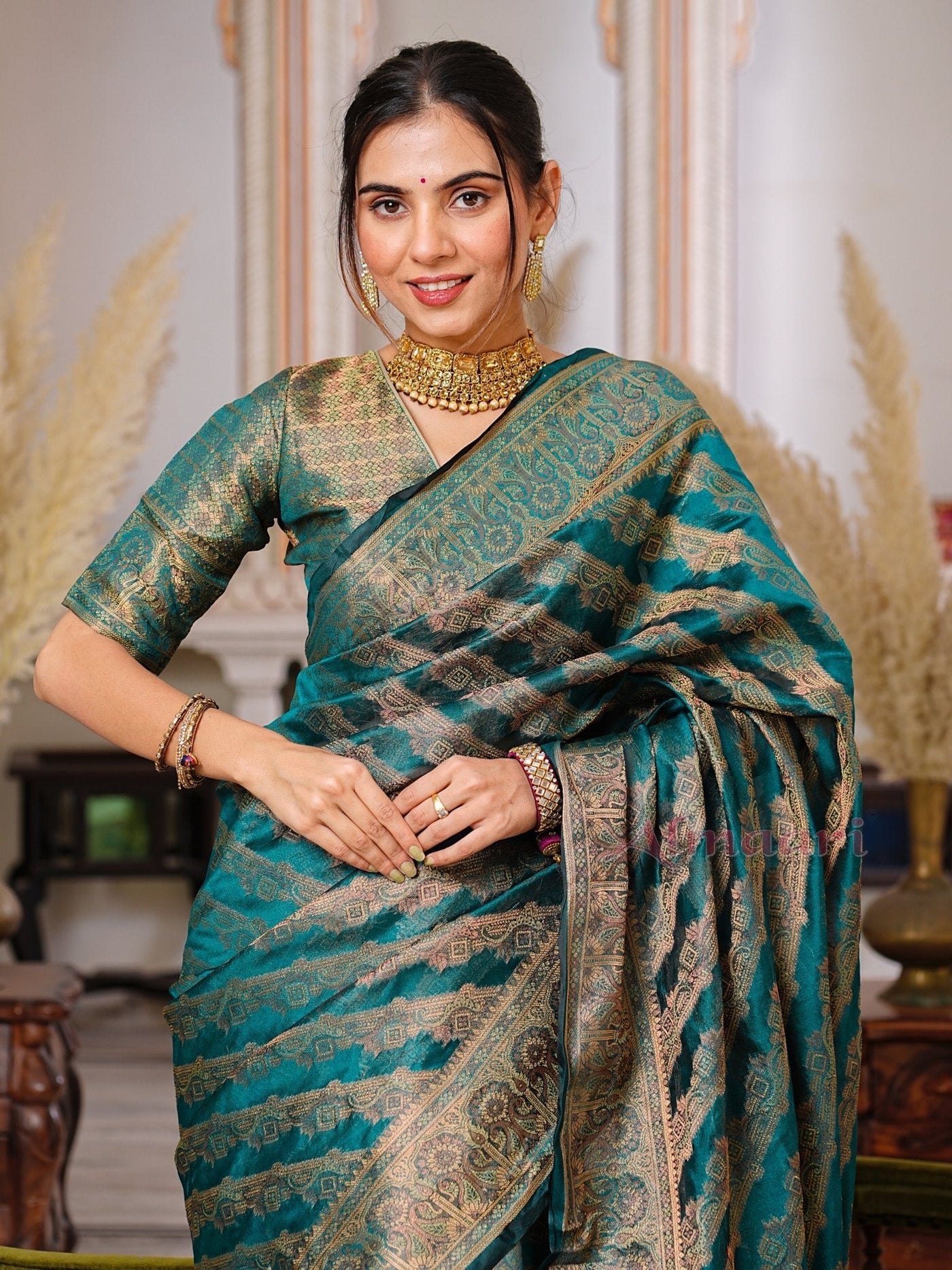 Rama Color Pure Organza Saree Adorned with Zari Weaving, Complete with Matching Blouse Piece - Almaari Fashion