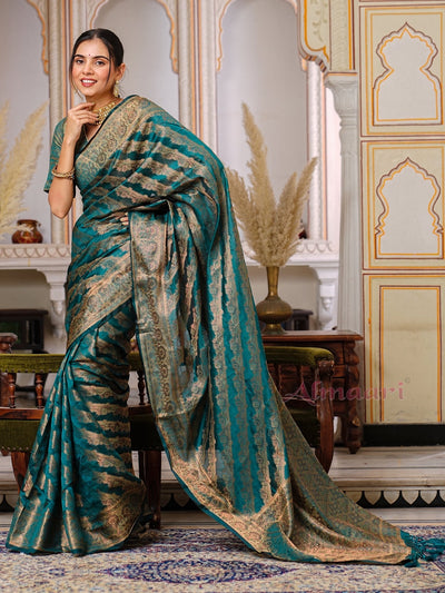 Rama Color Pure Organza Saree Adorned with Zari Weaving, Complete with Matching Blouse Piece - Almaari Fashion