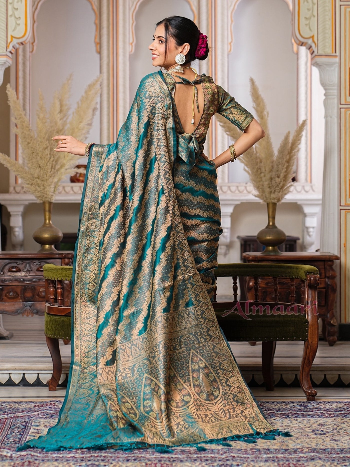 Rama Color Pure Organza Saree Adorned with Zari Weaving, Complete with Matching Blouse Piece - Almaari Fashion