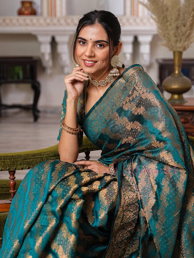 Rama Color Pure Organza Saree Adorned with Zari Weaving, Complete with Matching Blouse Piece - Almaari Fashion