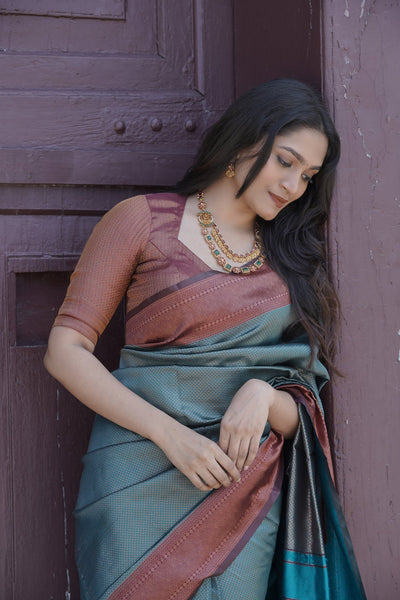 Rama & Maroon Pure Banarasi Silk Saree With Twirling Blouse Piece - Almaari Fashion