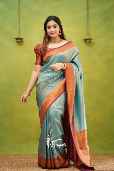 Rama & Maroon Pure Kanjivaram Silk With Twirling Blouse Piece - Almaari Fashion