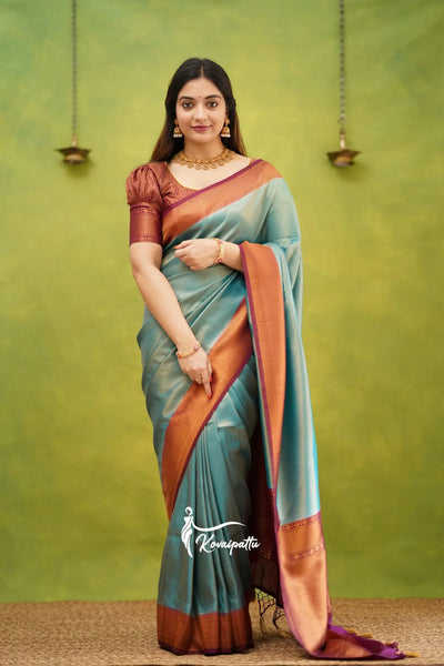 Rama & Maroon Pure Kanjivaram Silk With Twirling Blouse Piece - Almaari Fashion