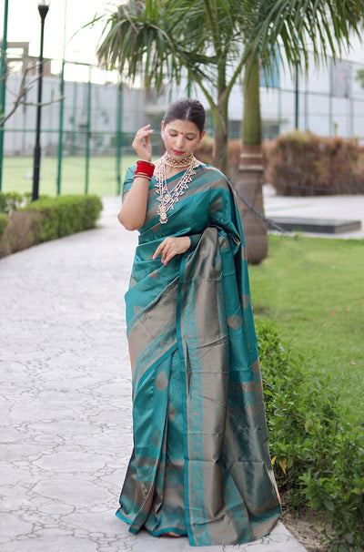 Rama With Copper Zari Combination Pure Banarasi Silk Saree Stylish Blouse Piece - Almaari Fashion