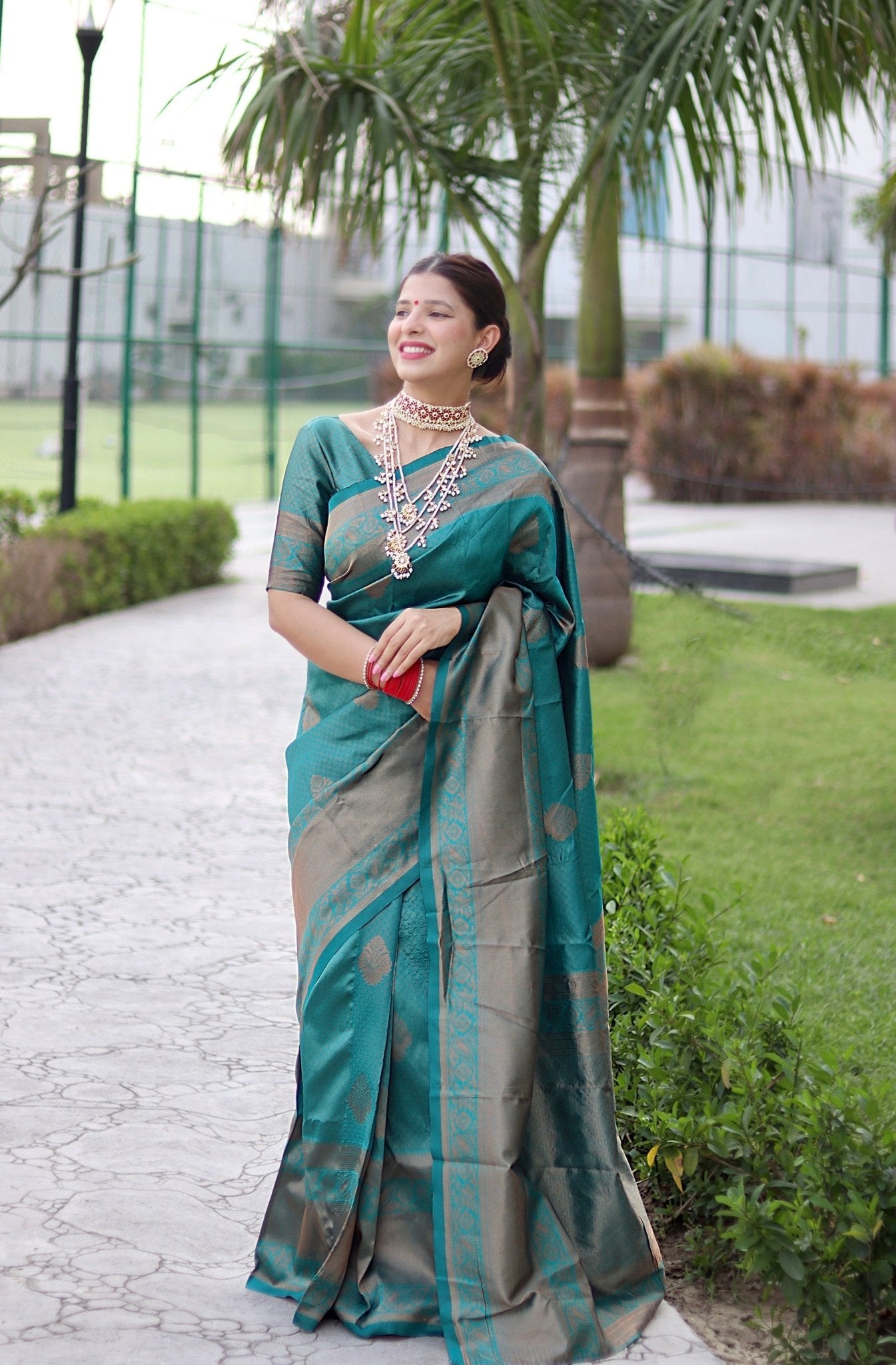 Rama With Copper Zari Combination Pure Banarasi Silk Saree Stylish Blouse Piece - Almaari Fashion