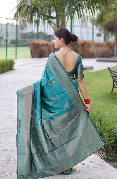 Rama With Copper Zari Combination Pure Kanjivaram Silk Saree Stylish Blouse Piece - Almaari Fashion