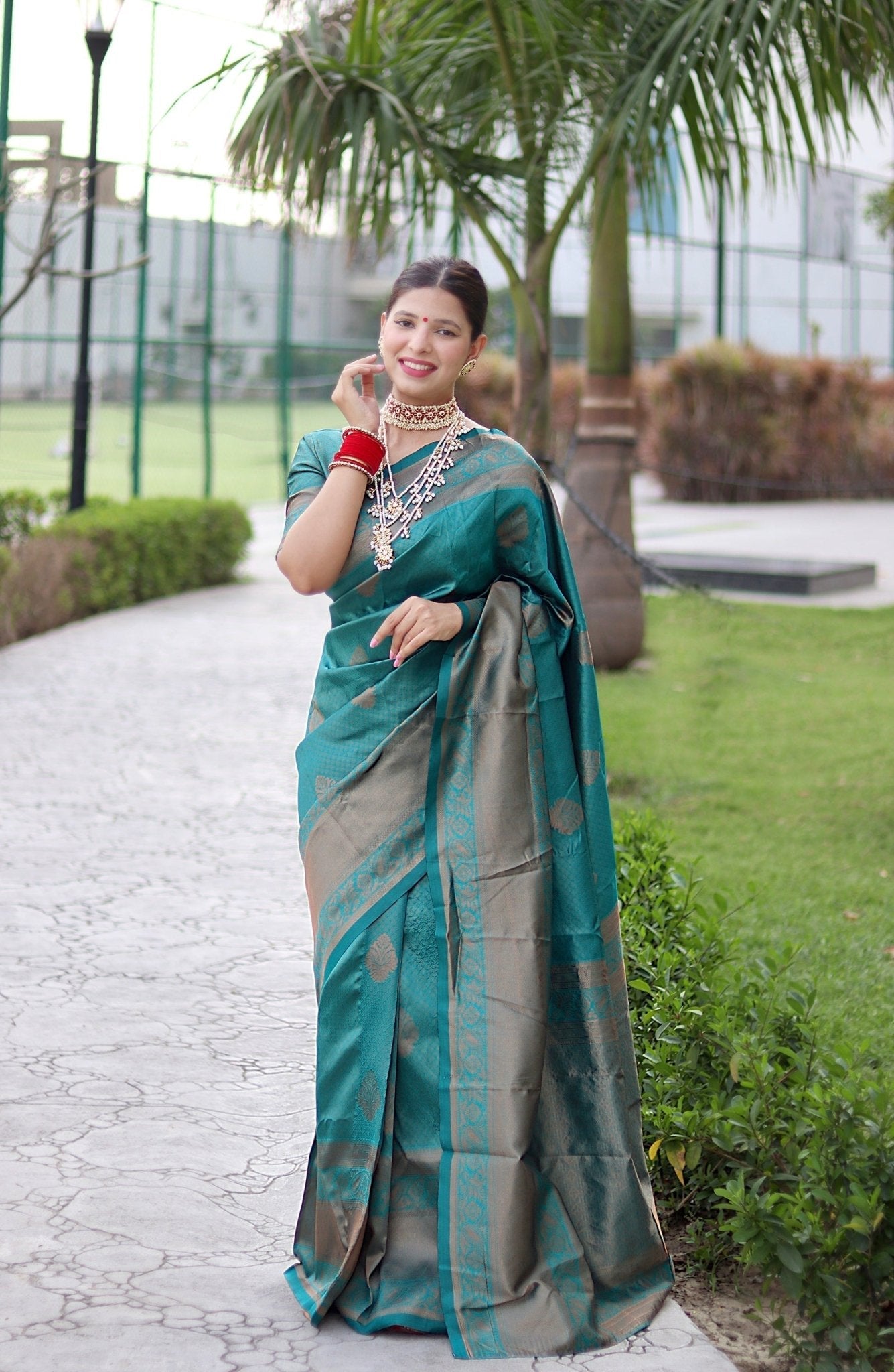 Rama With Copper Zari Combination Pure Kanjivaram Silk Saree Stylish Blouse Piece - Almaari Fashion