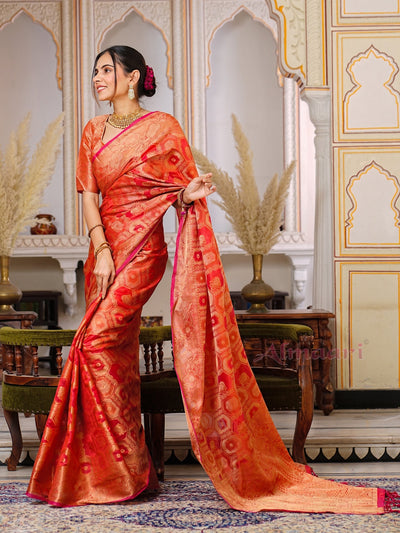 Red Color Pure Organza Saree Adorned with Zari Weaving, Complete with Matching Blouse Piece - Almaari Fashion