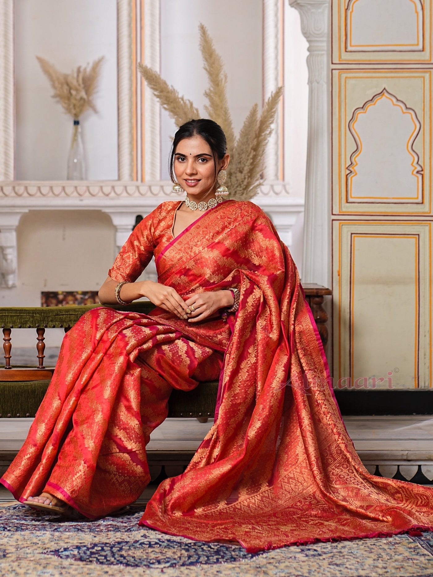 Red Color Pure Organza Saree Adorned with Zari Weaving, Complete with Matching Blouse Piece - Almaari Fashion