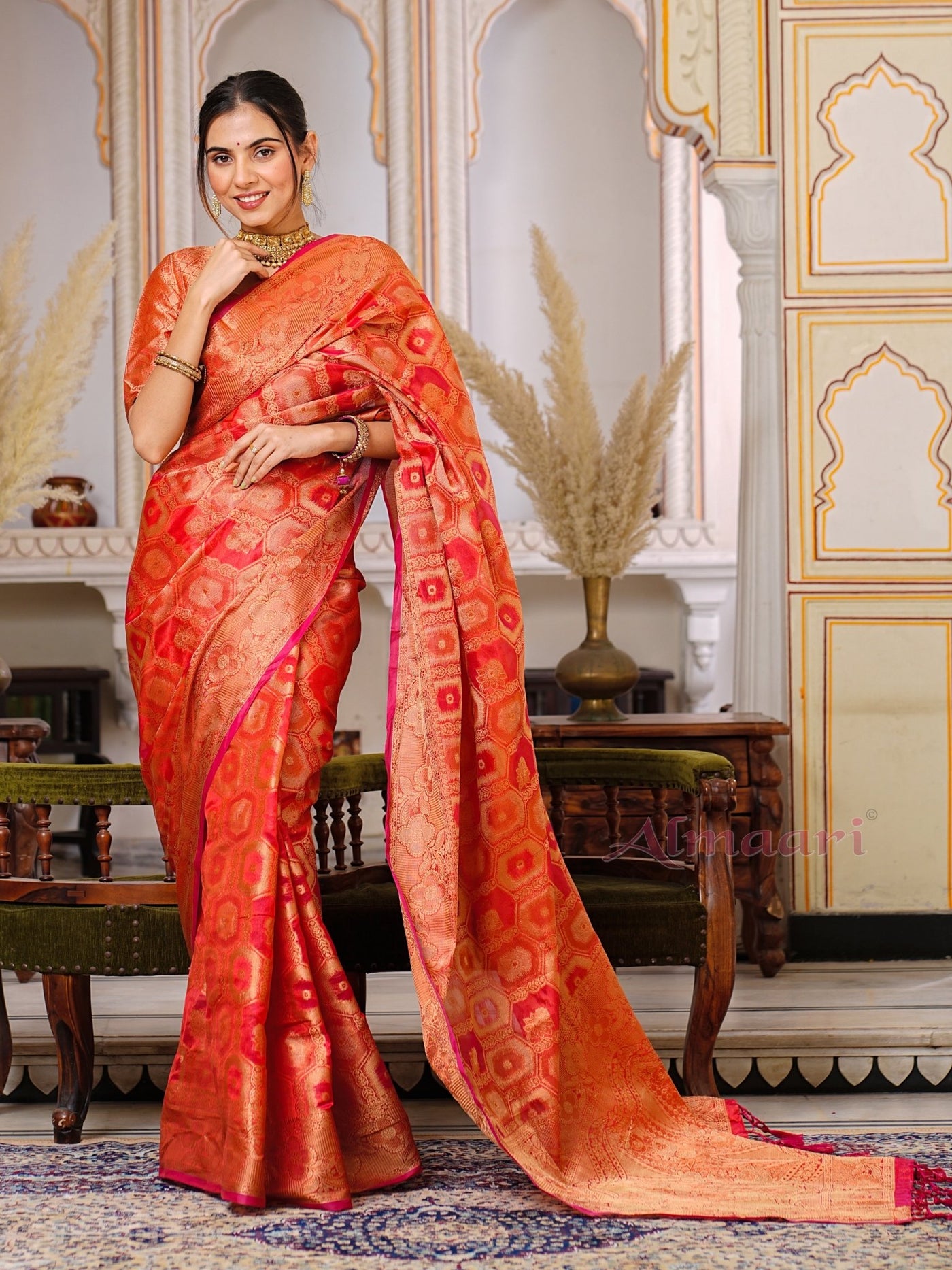 Red Color Pure Organza Saree Adorned with Zari Weaving, Complete with Matching Blouse Piece - Almaari Fashion