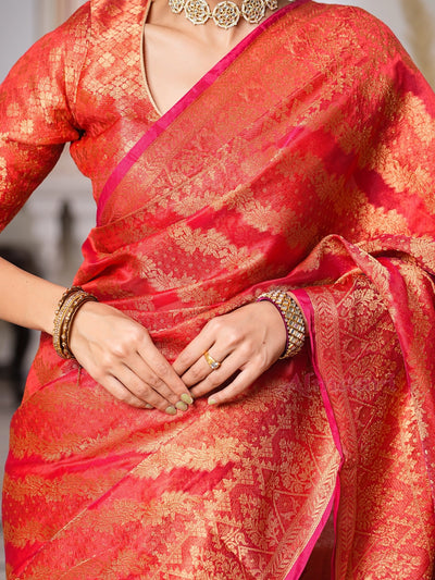 Red Color Pure Organza Saree Adorned with Zari Weaving, Complete with Matching Blouse Piece - Almaari Fashion