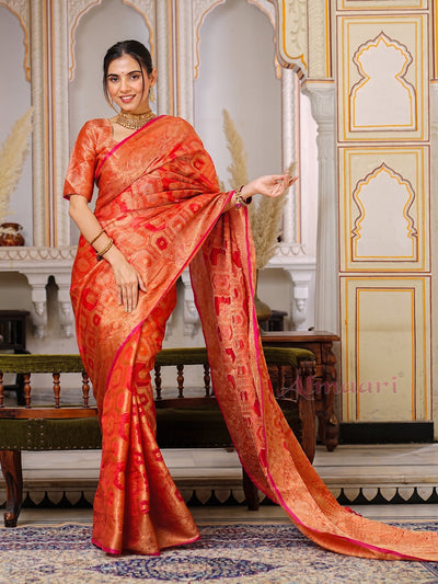 Red Color Pure Organza Saree Adorned with Zari Weaving, Complete with Matching Blouse Piece - Almaari Fashion