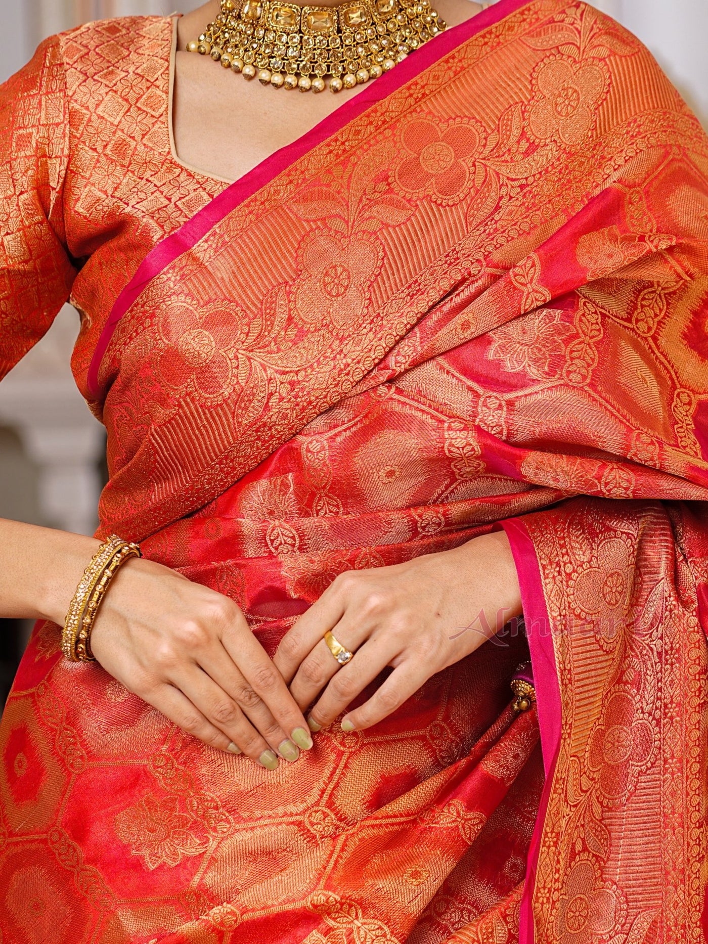 Red Color Pure Organza Saree Adorned with Zari Weaving, Complete with Matching Blouse Piece - Almaari Fashion