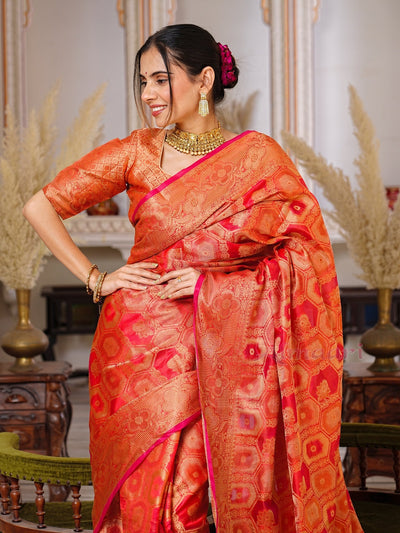 Red Color Pure Organza Saree Adorned with Zari Weaving, Complete with Matching Blouse Piece - Almaari Fashion