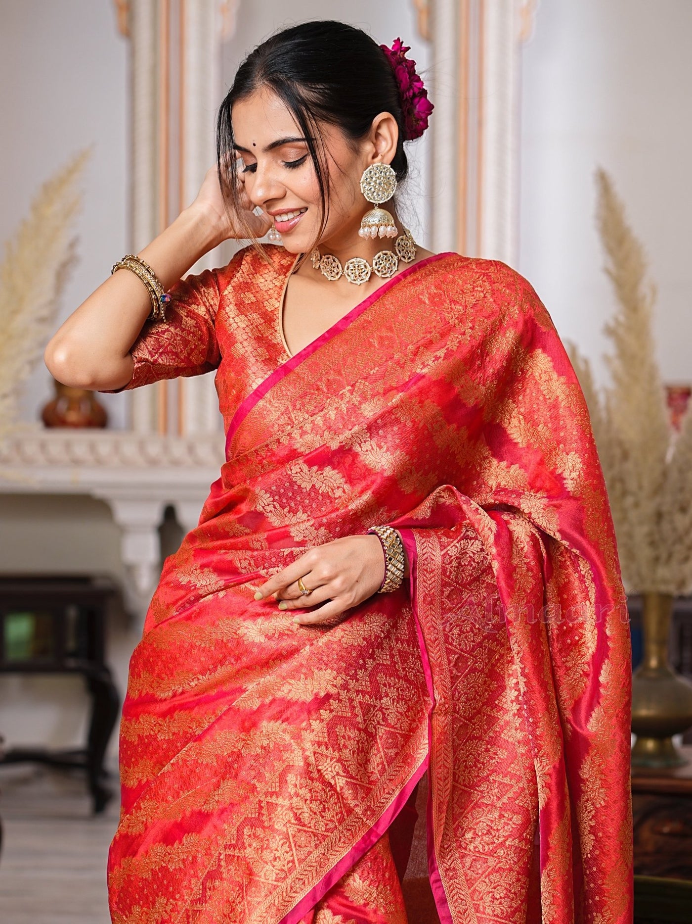 Red Color Pure Organza Saree Adorned with Zari Weaving, Complete with Matching Blouse Piece - Almaari Fashion