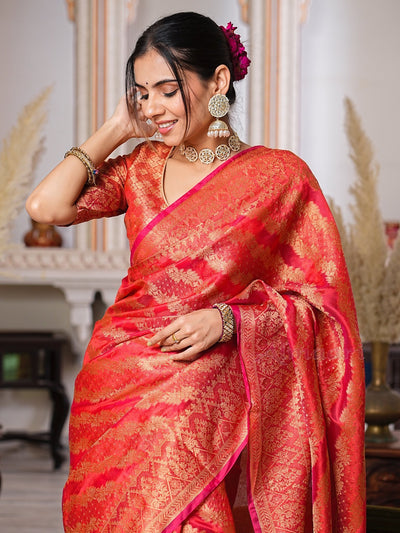 Red Color Pure Organza Saree Adorned with Zari Weaving, Complete with Matching Blouse Piece - Almaari Fashion