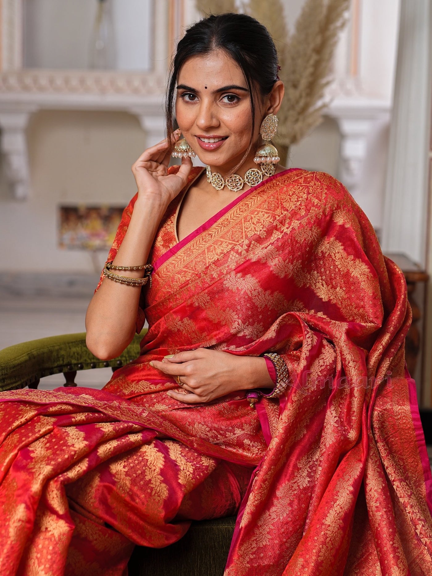 Red Color Pure Organza Saree Adorned with Zari Weaving, Complete with Matching Blouse Piece - Almaari Fashion