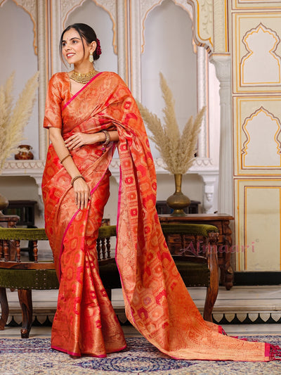 Red Color Pure Organza Saree Adorned with Zari Weaving, Complete with Matching Blouse Piece - Almaari Fashion